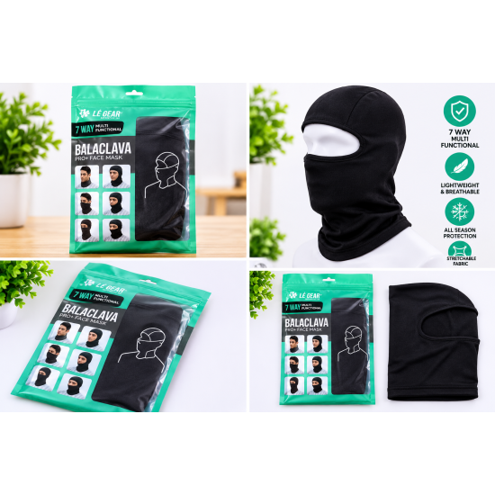 LÉ GEAR 7-Way Multifunctional Balaclava Pro+ Face Mask – Black Full Face Cover for Men, Winter Wear, Bike Riding & Outdoor Activities
