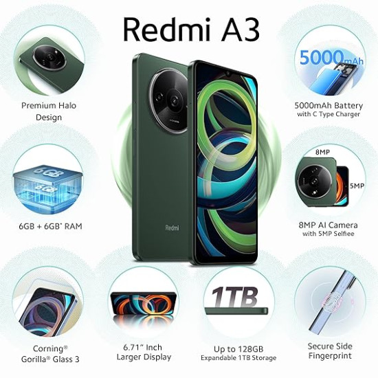 Redmi A3 (Olive Green, 6GB RAM, 128GB Storage) | Premium Halo Design | 90Hz Display | Powerful 4G G36 Processor