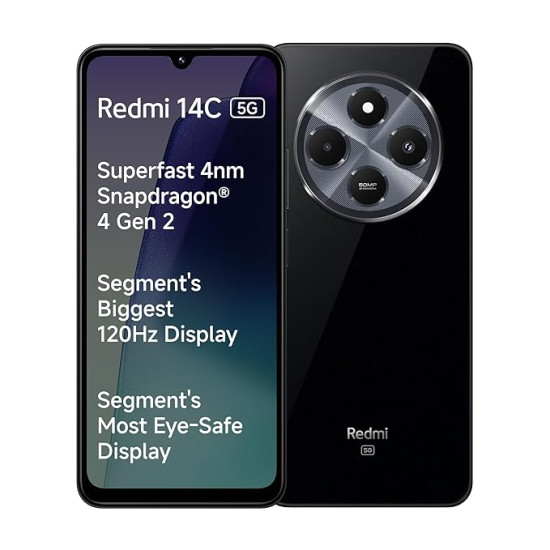Redmi 14C 5G (Stargaze Black, 6GB RAM, 128GB Storage) | Superfast 4nm Snapdragon 4 Gen 2 | 120Hz 17.47cm (6.88”) Display | 5160mAh Battery | 50MP Dual Camera | Premium Starlight Design Redmi 14C 5G (Stargaze Black, 6GB RAM, 128GB Storage) | Superfast 4nm Snapdragon 4 Gen 2 | 120Hz 17.47cm (6.88”) Display | 5160mAh Battery | 50MP Dual Camera | Premium Starlight Design