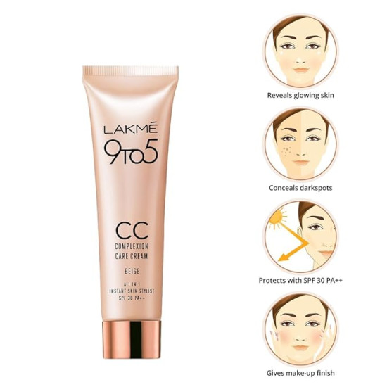 Lakme 9 to 5 CC Cream Mini, 01 - Beige, Light Face Makeup with Natural Coverage, SPF 30 - Tinted Moisturizer to Brighten Skin, Conceal Dark Spots, 9 g