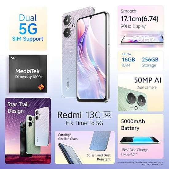 Redmi 13C 5G (Startrail Silver, 8GB RAM, 256GB Storage) | MediaTek Dimensity 6100+ 5G | 90Hz Display